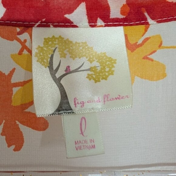 Fig & Flower Floral Shirt Womens Size Large Red Bird Sheer Roll Tab Sleeves - Picture 6 of 12